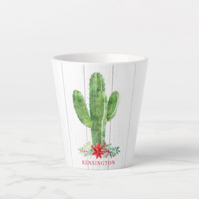Rustic Christmas Cactus Succulent Holiday Latte Mug (Front)