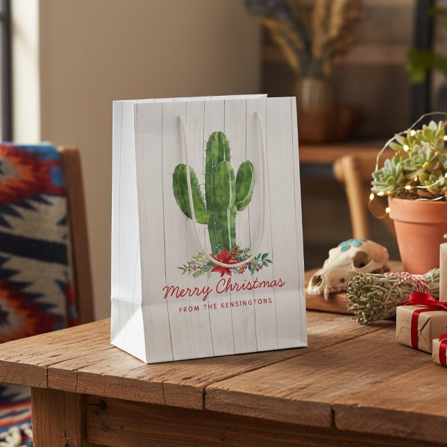 Rustic Christmas Cactus White Wood Holiday Medium Gift Bag (Creator Uploaded)