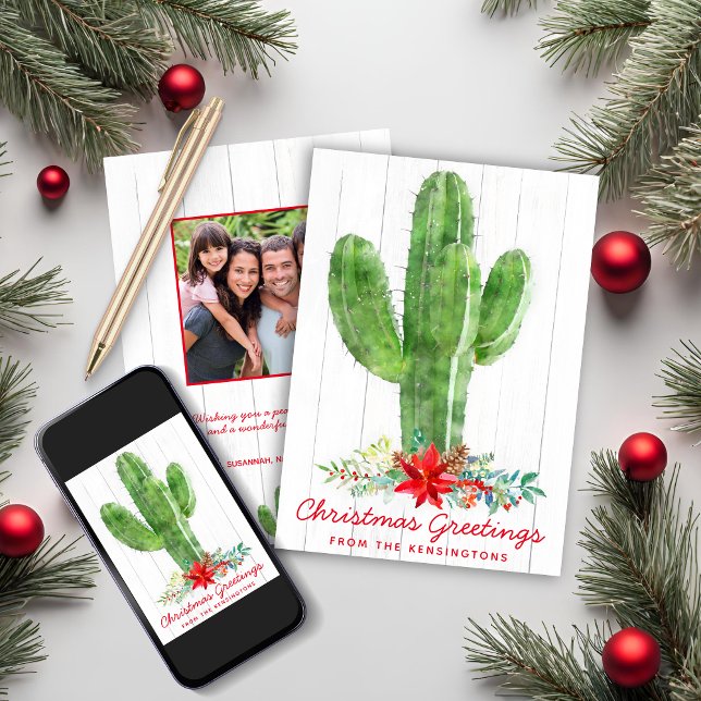Rustic Christmas Cactus Wood Holiday Photo (Rustic Christmas Cactus Wood Holiday Photo Card)