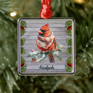 Rustic Christmas Cardinal Add Your Name Metal Tree Decoration