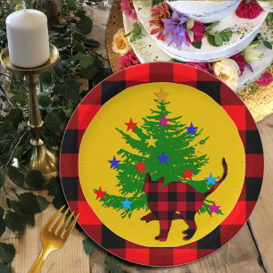 Rustic Christmas Cat, Tree and Red Buffalo plaid Paper Plate