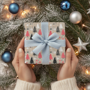 Rustic Christmas Clipart with Trees & Snowflakes Wrapping Paper Sheet