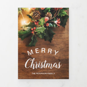 Rustic Christmas country photo mistletoe light Tri-Fold Holiday Card
