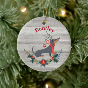 Rustic Christmas Dachshund with Antlers & Greenery Ceramic Tree Decoration