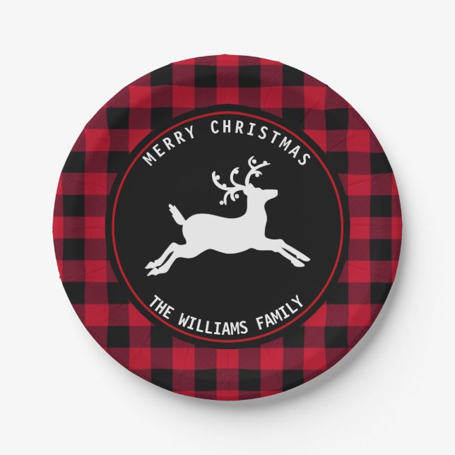 Rustic Christmas Deer Red Black Buffalo Check Paper Plate (Front)