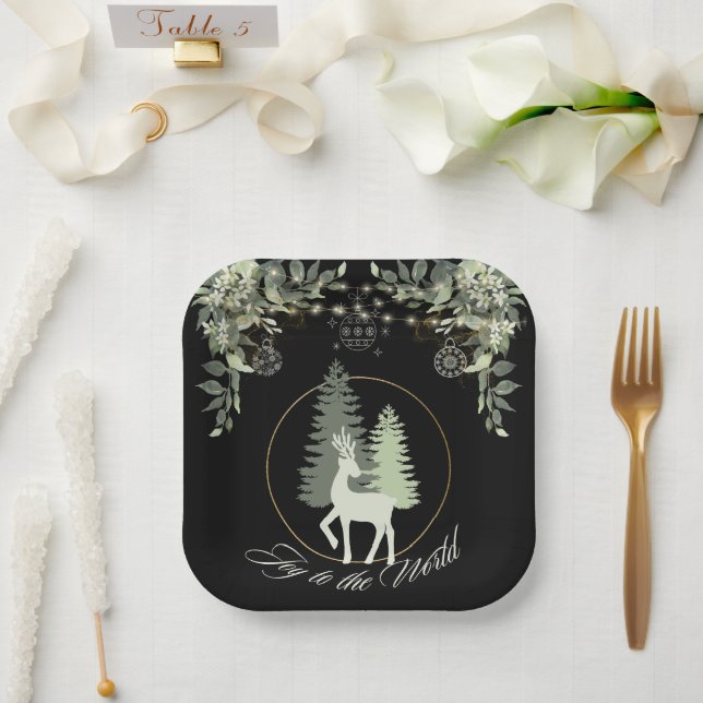 Rustic Christmas Deer winter scenery trees Paper Plate (Wedding)