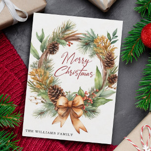 Rustic Christmas Dried Floral Pinecone Wreath Holiday Card