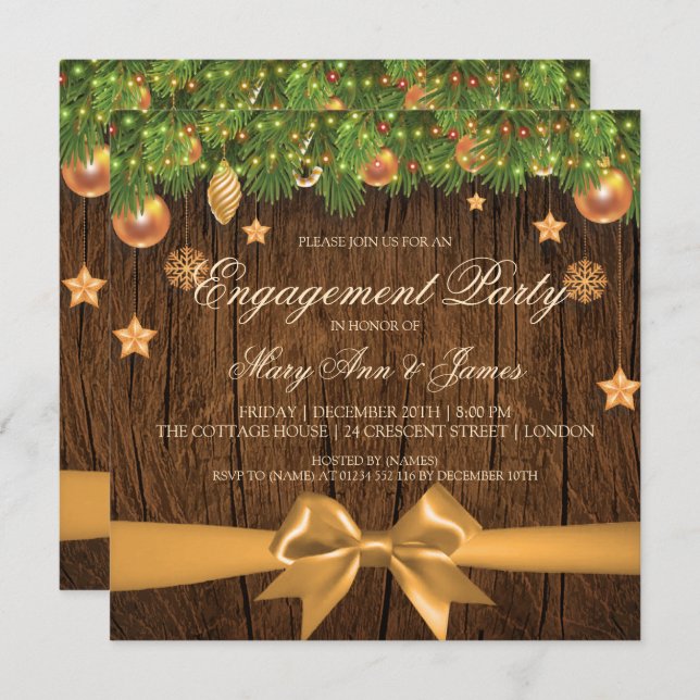 Rustic Christmas Engagement Party Gold Decor Invitation (Front/Back)