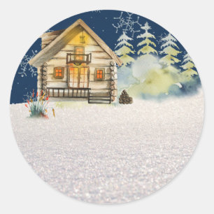 Rustic Christmas Eve Log Cabin Forest Trees Snow C Classic Round Sticker