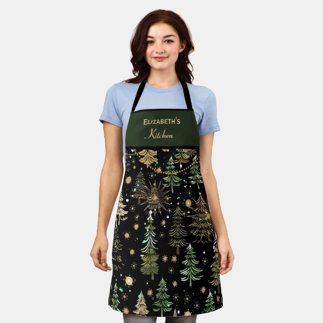 Rustic Christmas Evergreen Trees Green and Gold Apron (Worn)