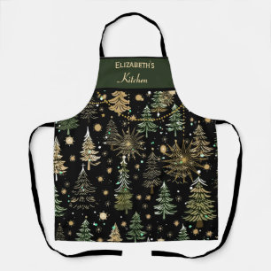 Rustic Christmas Evergreen Trees Green and Gold Apron
