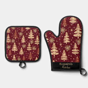 Rustic Christmas Evergreen Trees Red and Gold Oven Mitt & Pot Holder Set