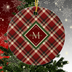 Rustic Christmas Family Monogram Red Green Plaid Ceramic Tree Decoration
