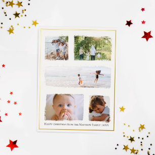 Rustic Christmas Family Photo Collage Gold Foil Holiday Postcard