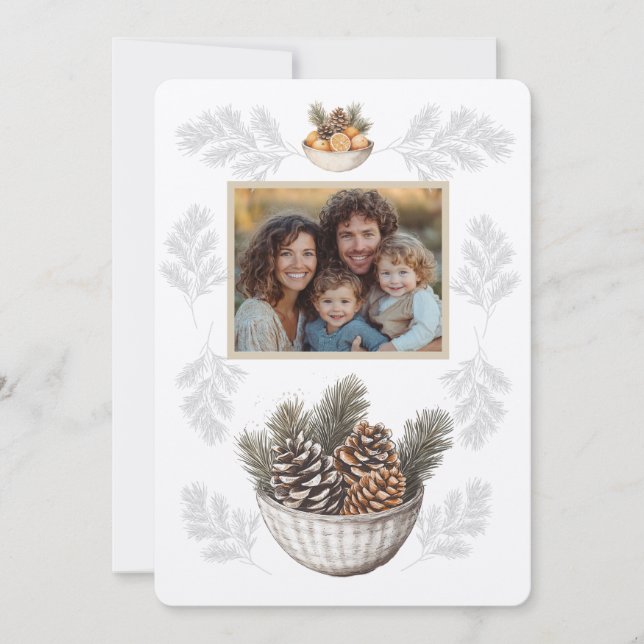 Rustic Christmas Family Photo Pine Branches Cones Holiday Card (Front)