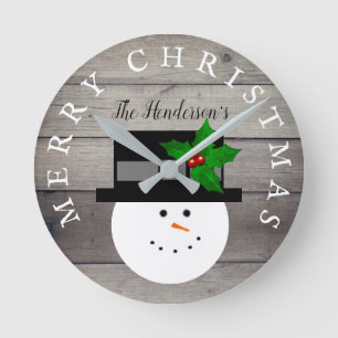 Rustic Christmas Farmhouse Faux Wood Snowman Round Clock