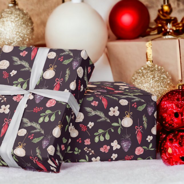Rustic Christmas floral bauble watercolor pattern Wrapping Paper (Rustic Christmas floral bauble watercolor pattern Wrapping Paper on purple)