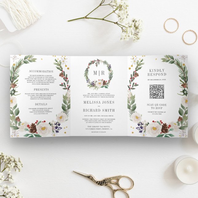 Rustic Christmas Floral Monogram QR Code Wedding Tri-Fold Invitation (Creator Uploaded)