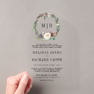 Rustic Christmas Floral Monogram Wedding Acrylic Invitations