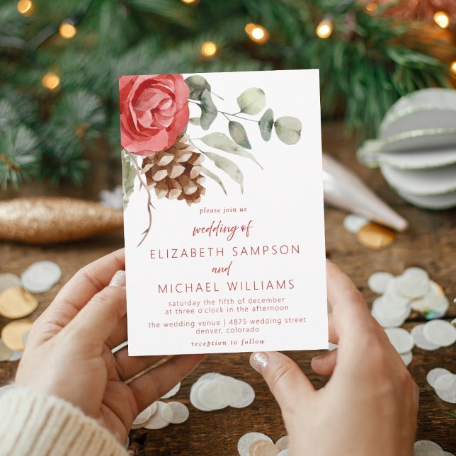 Rustic Christmas Floral Pinecone Wedding Invitation (Creator Uploaded)