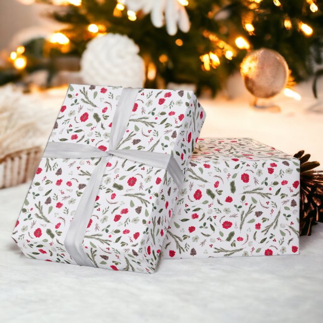 Rustic Christmas floral red watercolor pattern Wrapping Paper (Rustic Christmas floral red watercolor pattern Wrapping Paper on white)