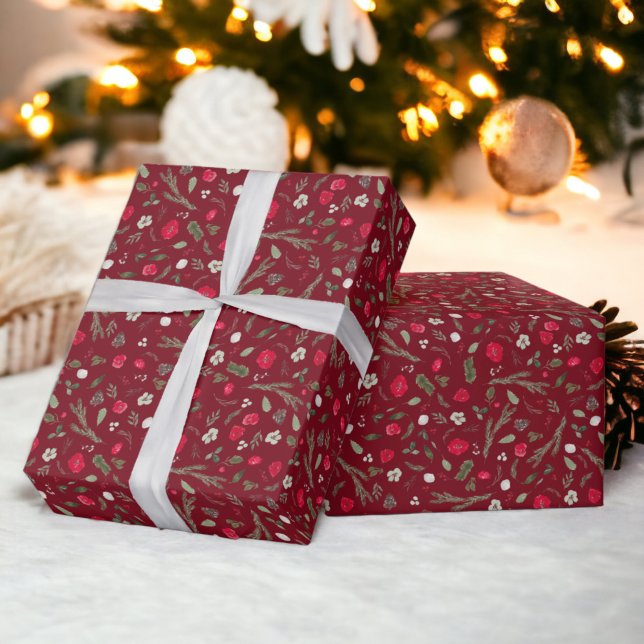 Rustic Christmas floral red watercolor pattern Wrapping Paper (Rustic Christmas floral red watercolor pattern Wrapping Paper)