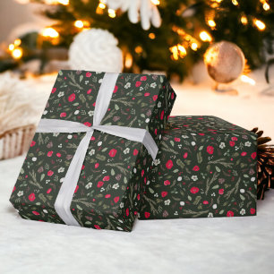 Rustic Christmas floral red watercolor pattern Wrapping Paper
