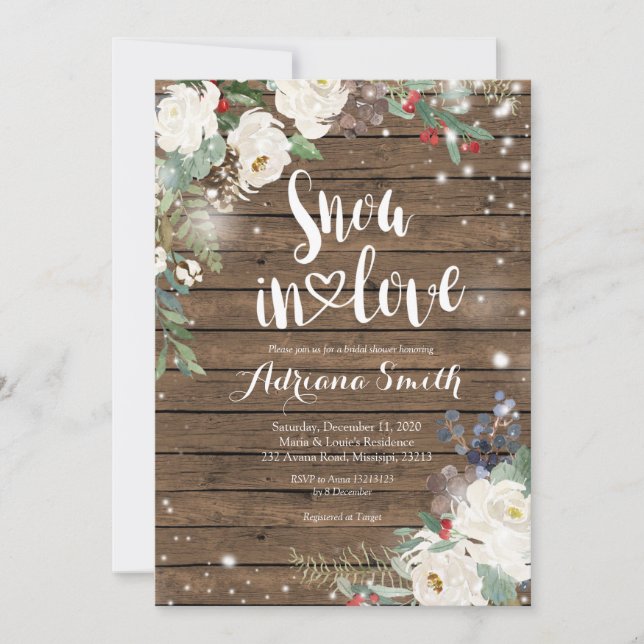 Rustic Christmas Floral Snow in Love Bridal Shower Invitation (Front)