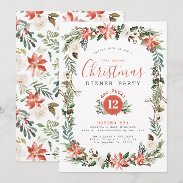Rustic Christmas Flowers Frame Party Invitation (Front/Back)