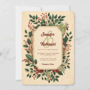 Rustic Christmas Foliage Wood Festive Wedding Invitation