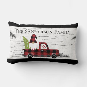 Rustic Christmas Gnome Red Truck Buffalo Plaid Lum Lumbar Cushion