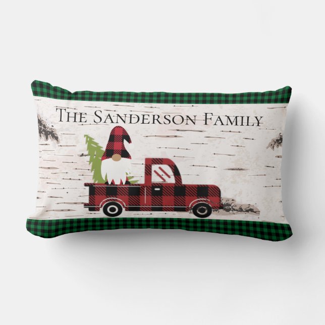 Rustic Christmas Gnome Red Truck Buffalo Plaid Lumbar Cushion (Front)