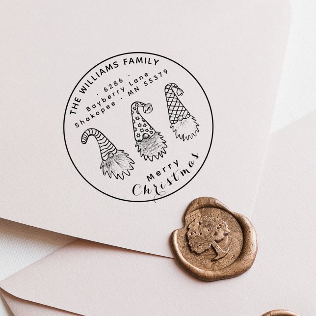 Rustic Christmas Gnomes Return Address Rubber Stamp (Custom Classic Botanical Family Return Address Self-inking Stamp)