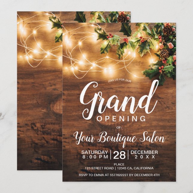 Rustic Christmas grand opening mistletoe light Invitation (Front/Back)