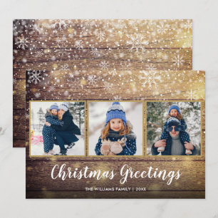 Rustic Christmas Greetings Country Wood 3 Photo Holiday Card