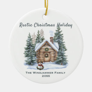 Rustic Christmas Holiday Cabin Snowman  Ceramic Tree Decoration