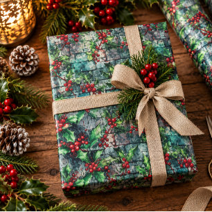 Rustic Christmas Holly Berries Weathered Stone Wrapping Paper Sheet