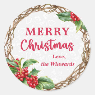 Rustic Christmas Holly Berries Winter Wreath Classic Round Sticker