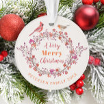 Rustic Christmas holly berry wreath family name Ornament<br><div class="desc">Elegant rustic modern family or business Christmas tree ornament featuring a cute watercolor red, purple, pink, and orange holly berry wreath with foliage and two birds - a cardinal and a robin - and a modern contemporary "A Very Merry Christmas" typography script over an ivory blush clean background. Personalise it...</div>