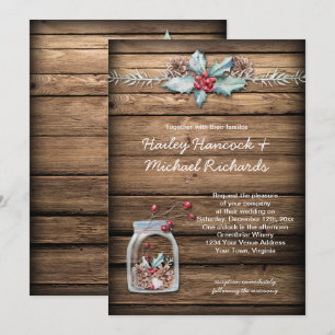 Rustic Christmas Holly Leaves Berries Mason Jar Invitation