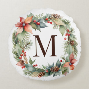 Rustic Christmas Holly Poinsettia Wreath Monogram  Round Cushion