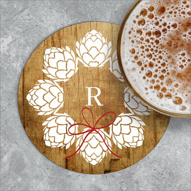 Rustic Christmas Hops Beer Wreath Monogram Coaster (Creator Uploaded)
