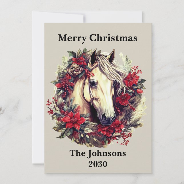 Rustic Christmas Horse Poinsettia Wreath  Holiday Card (Front)