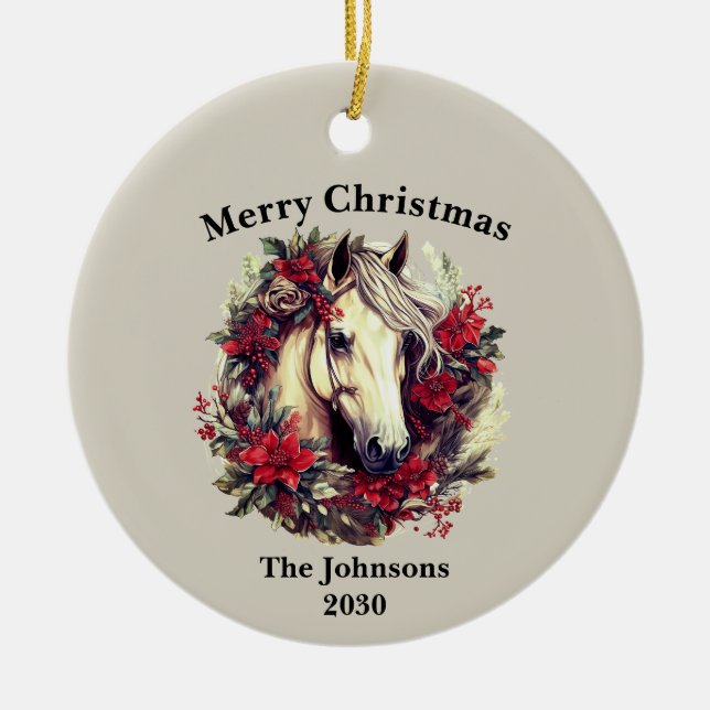 Rustic Christmas Horse Wreath Holiday Photo  Ceramic Tree Decoration (Front)