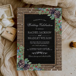 Rustic Christmas Invites | Winter Wedding<br><div class="desc">Rustic winter wedding invitations featuring a rustic wood background,  black chalkboard centrepiece,  rope,  christmas pine cones,  berries,  foliage,  white splatterings of snow and a personalised wedding template.</div>