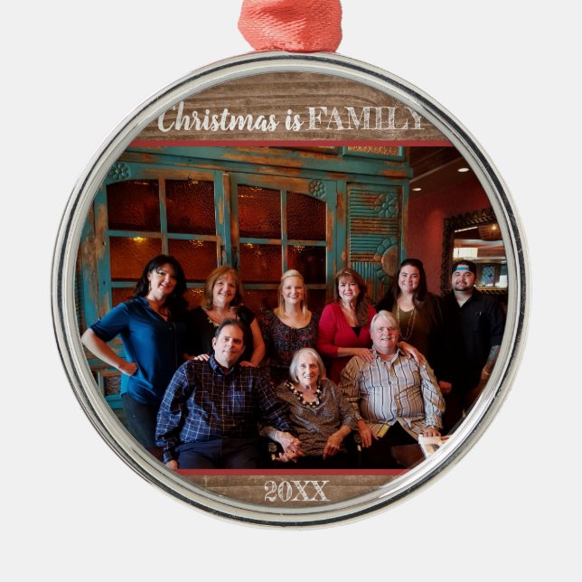 Rustic Christmas Is Family Photo Modern Metal Tree Decoration (Front)