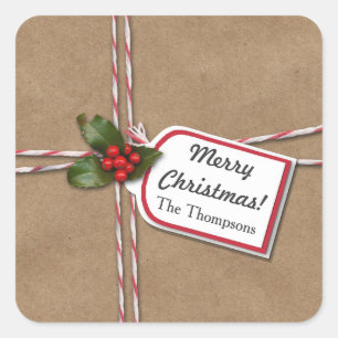 Rustic Christmas Kraft Paper Holly Merry Christmas Square Sticker
