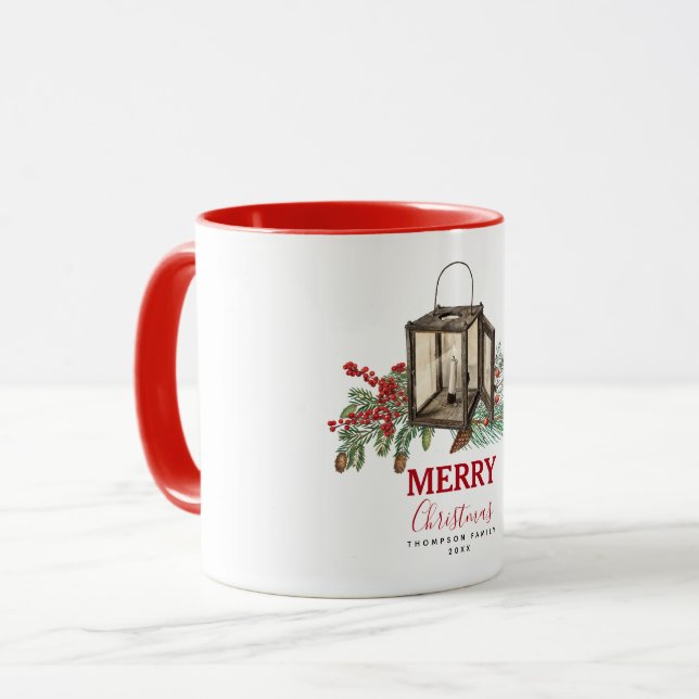 Rustic Christmas Lantern Pine Berries Mug (Front Left)