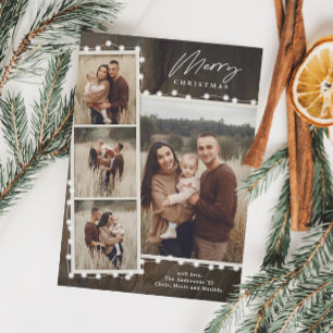 Rustic Christmas Lights 4 Photo Collage Holiday Card