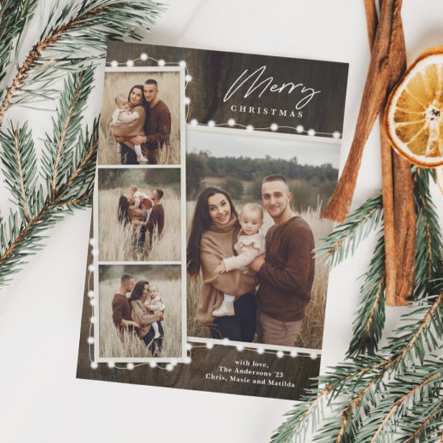 Rustic Christmas Lights 4 Photo Collage Holiday Card (Creator Uploaded)
